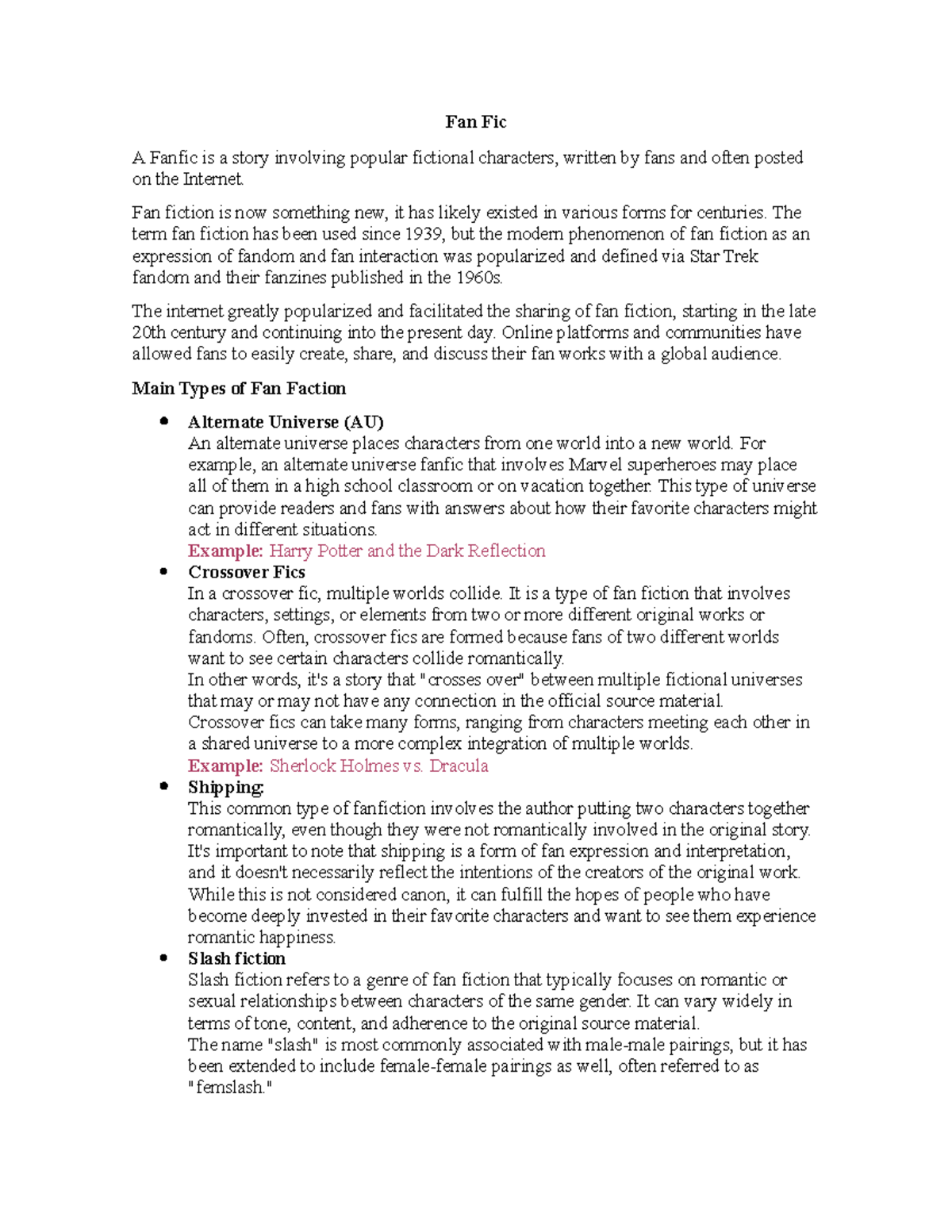 Fan Fic: An Overview of Types and Evolution of Fan Fiction - Studocu