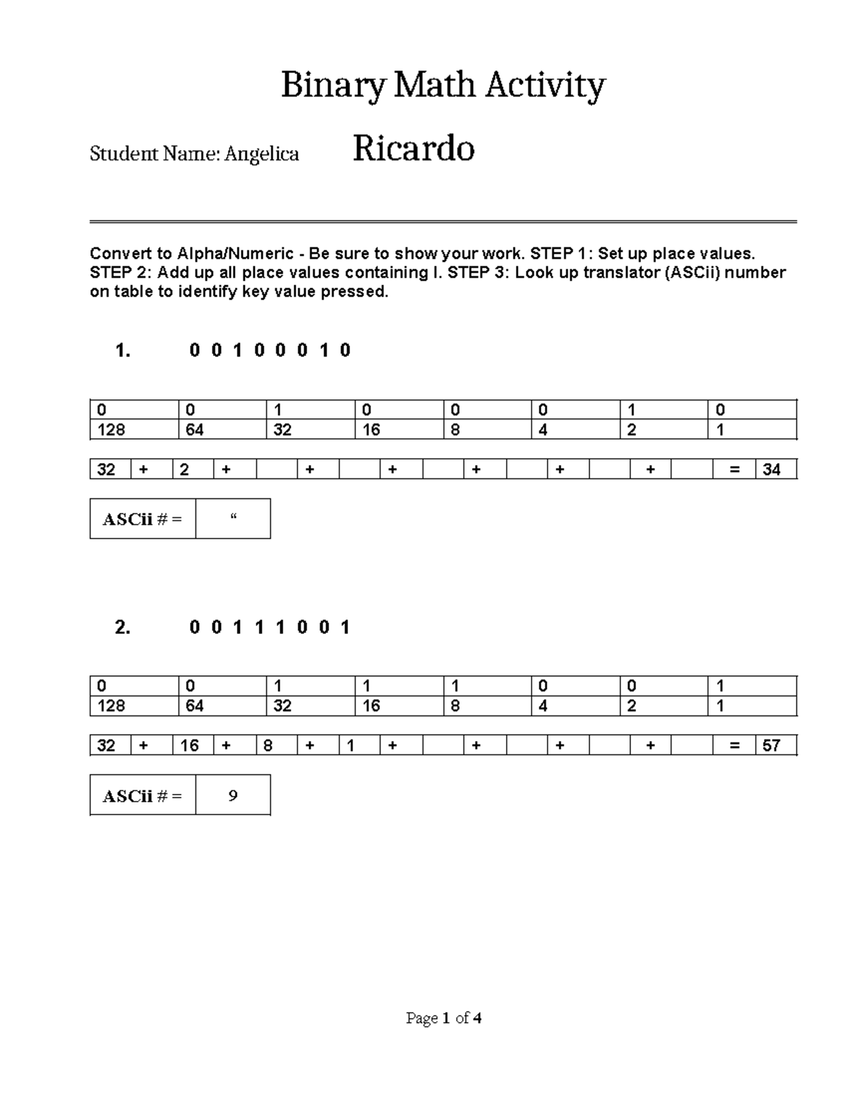 Binary worksheet angelica Ricardo - Binary Math Activity Student Name ...