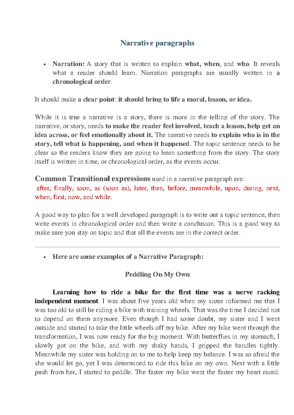 Examples of narrative paragraphs - Narrative paragraphs Narration: A ...