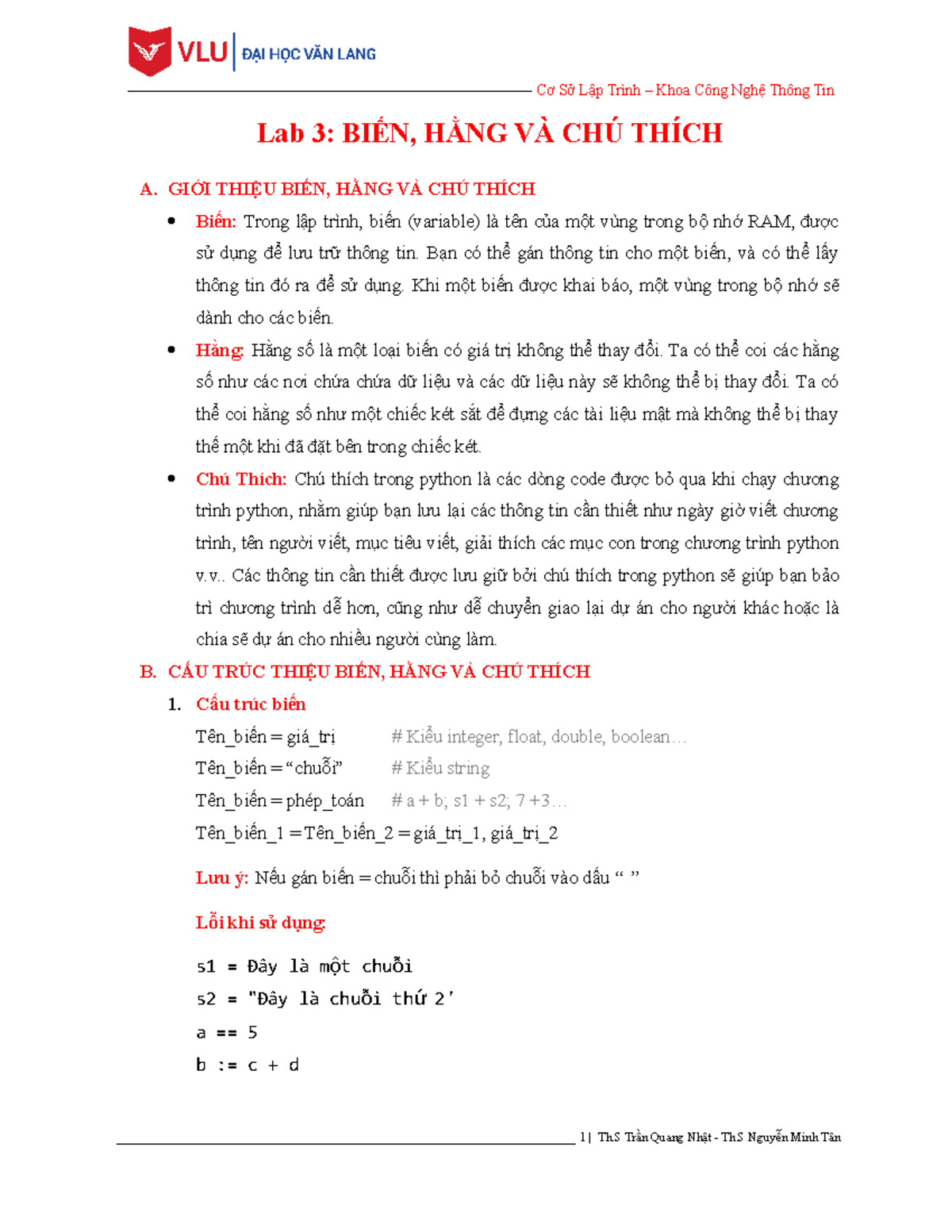 Lab 3: BIẾN, HẰNG VÀ CHÚ THÍCH Trong Lập Trình Python - Studocu
