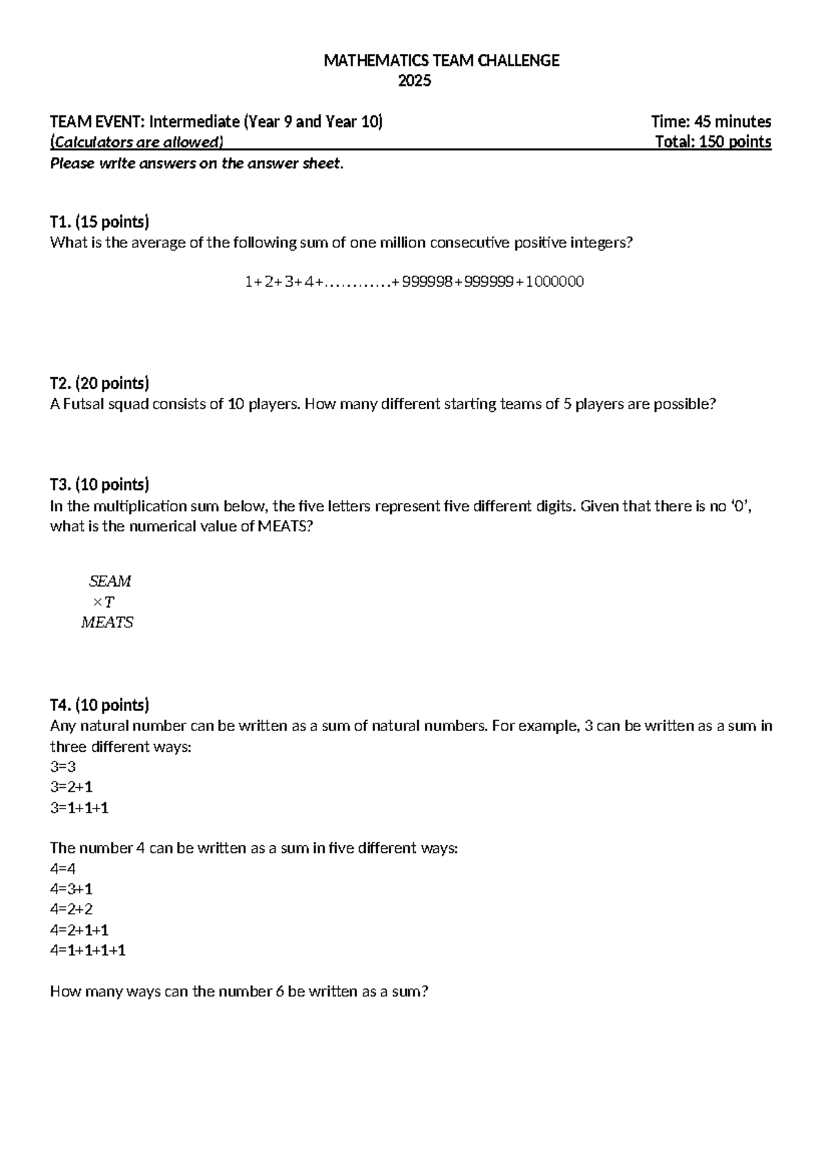 MTC25 - Mathematics Team Challenge 2025 Intermediate Event - Studocu