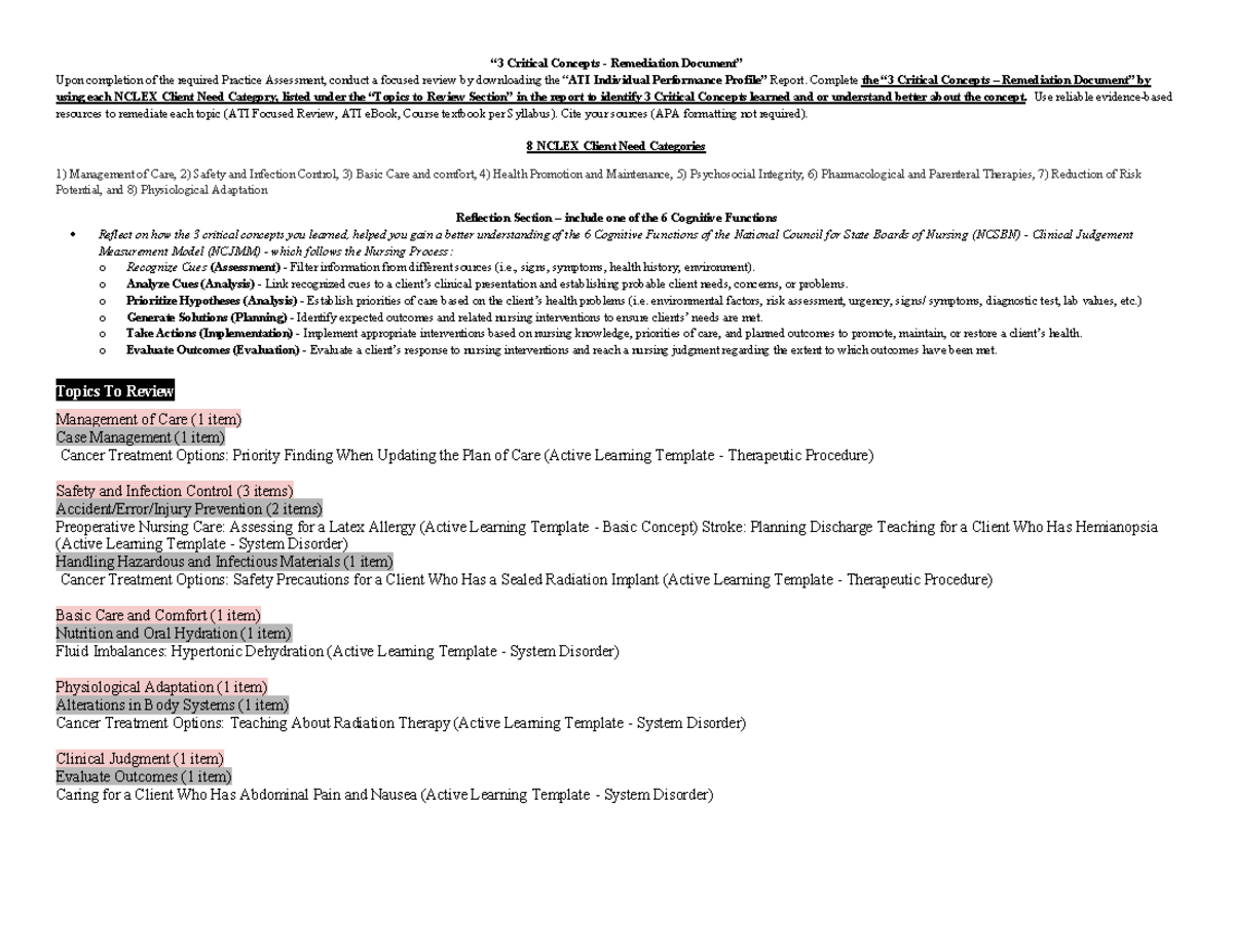 3 Critical Concepts Remediation for ATI Practice Assessment B ...