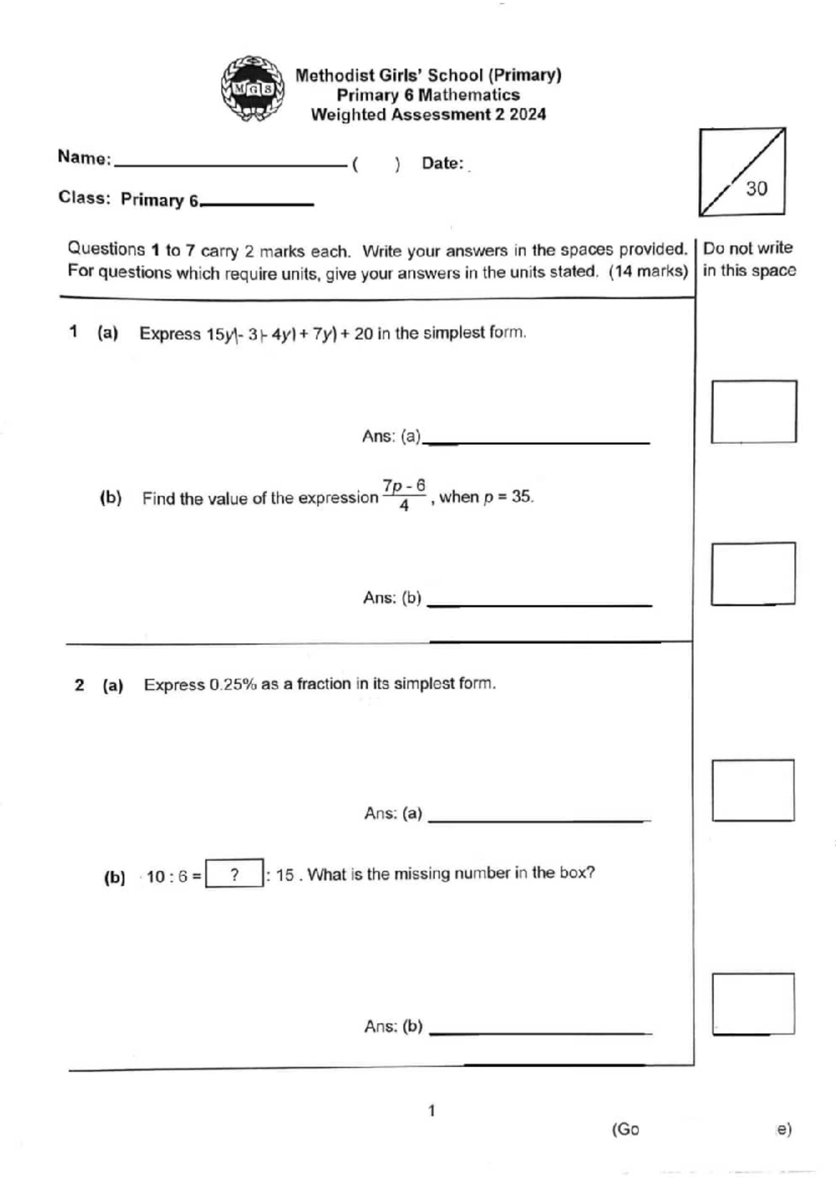 2024-P6-Maths-Weighted Assessment 2 - Methodist School - Studocu