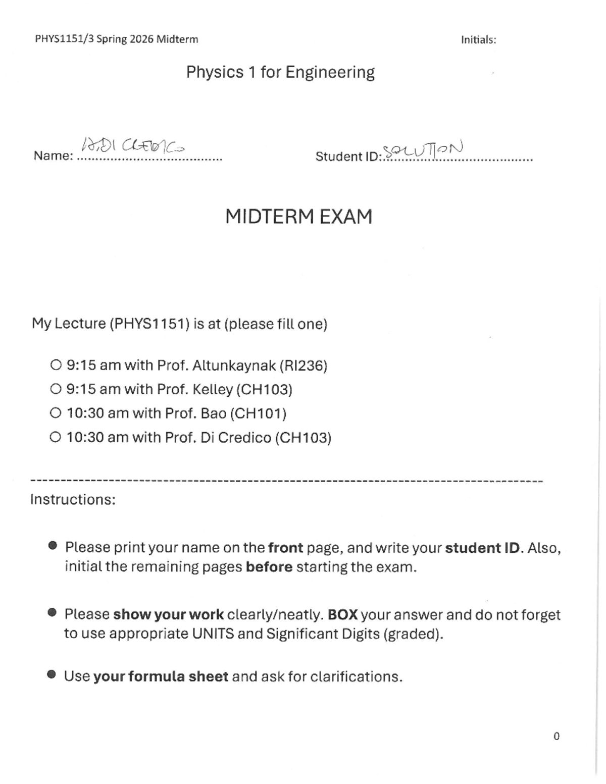PHYS1151 Spring 2026 Midterm Exam Instructions and Problems - Studocu