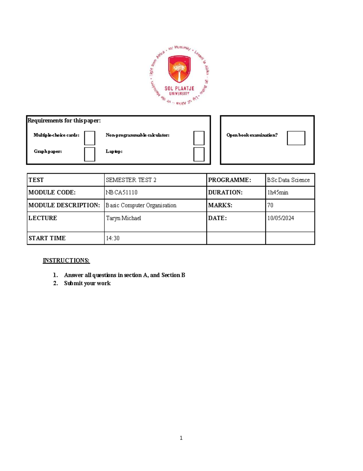 NBCA511 SEM TEST 2 2024 - Basic Computer Organisation Exam Guide - Studocu