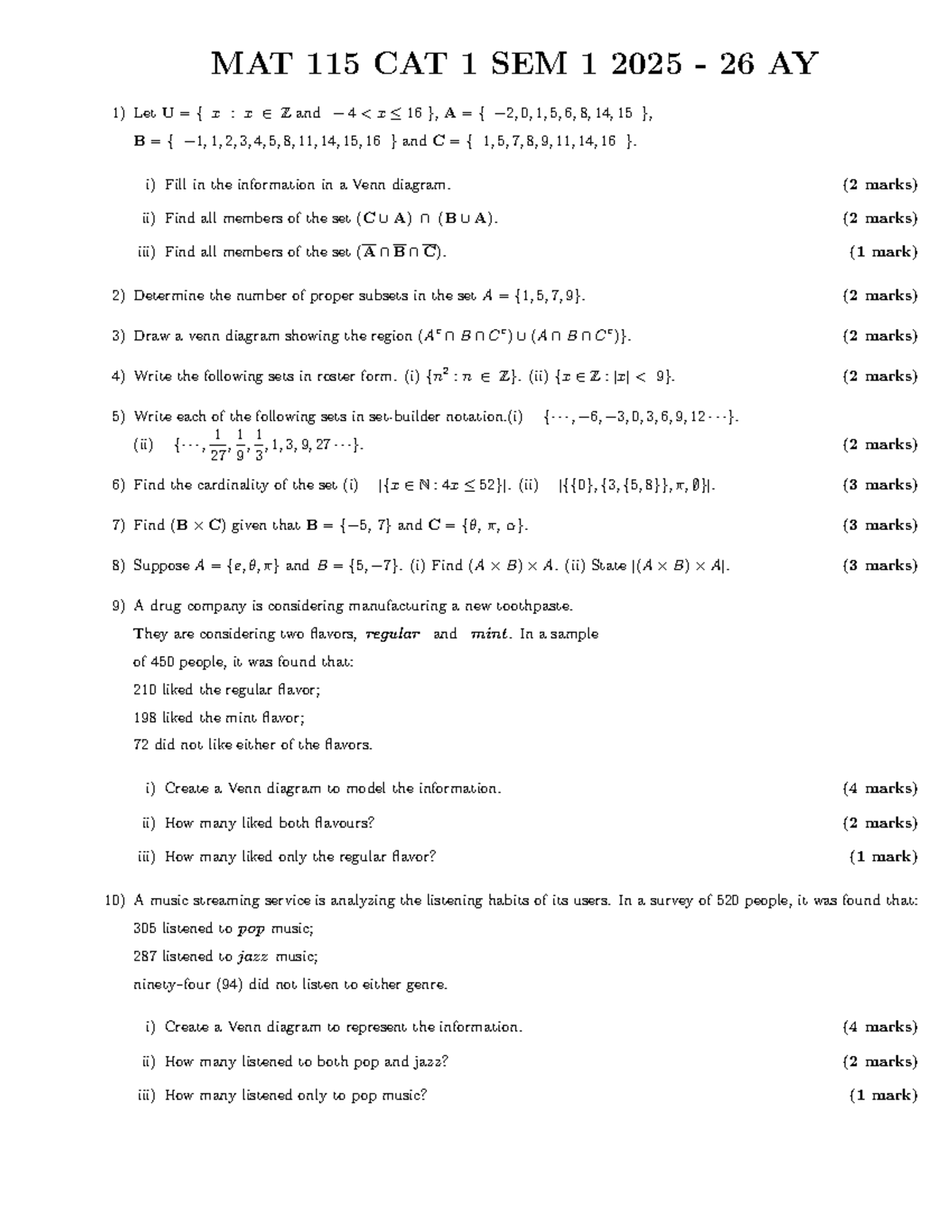 MAT 115 CAT 1 SEM 1 2025-26 AY: Set Theory and Venn Diagrams - Studocu
