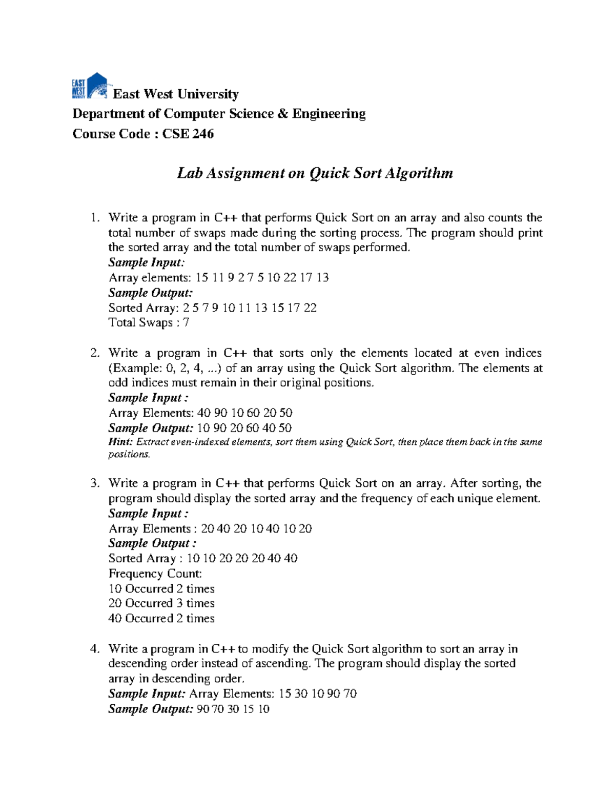 CSE 246 Lab Assignment: Quick Sort Algorithm Programs - Studocu
