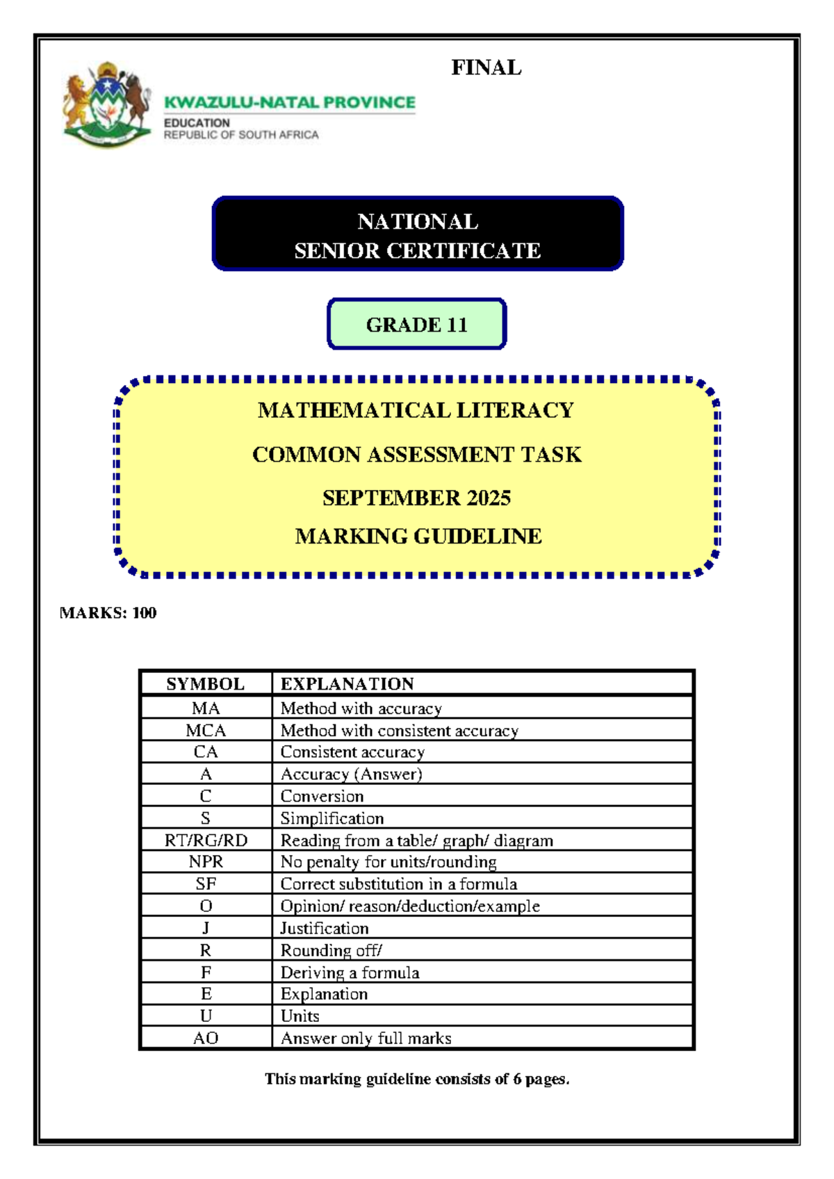 Final 2025 Mathematical Literacy Grade 11 Common Assessment Task ...