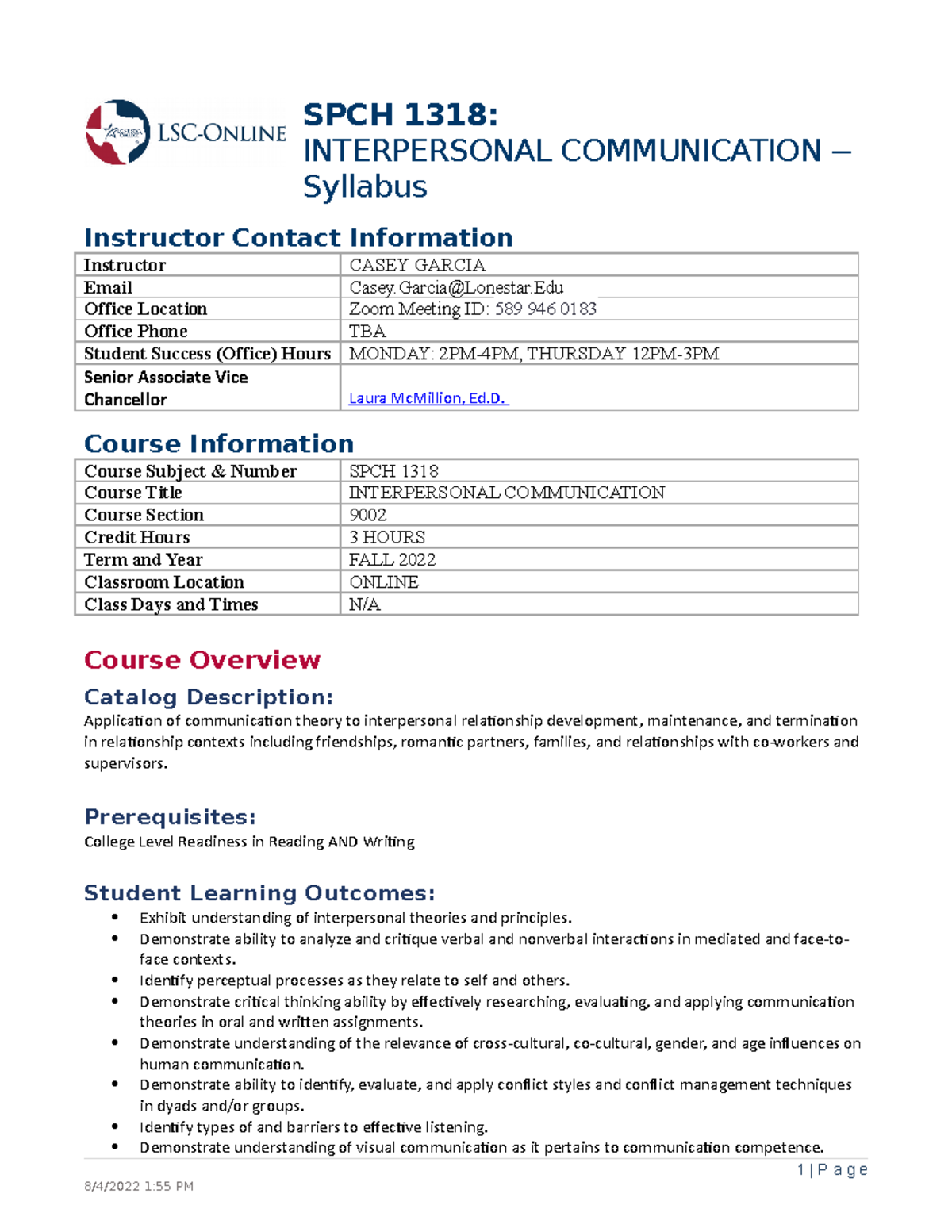 SPCH 1318 Online Syllabus for Interpersonal Communication - Fall 2022 ...
