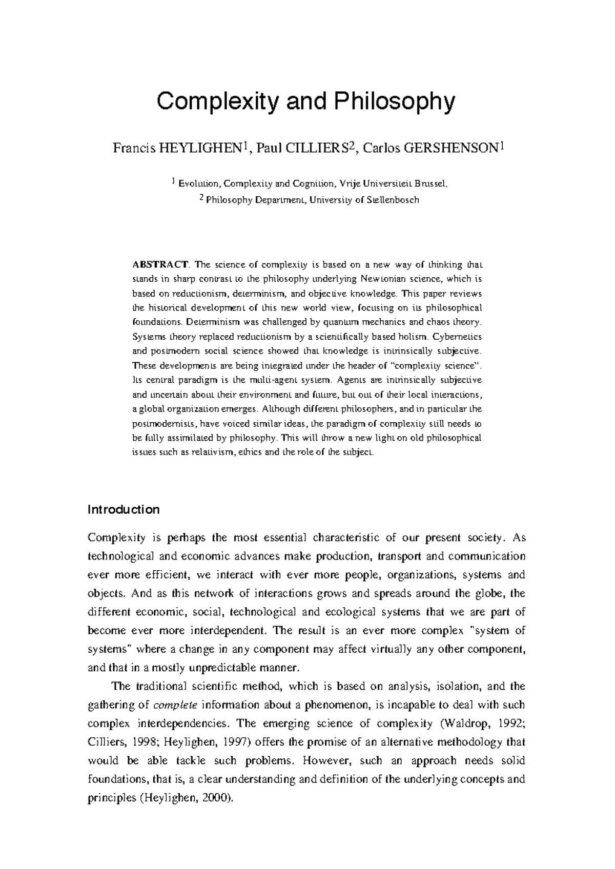 Complexity and Philosophy: A Study on Systems and Subjectivity - Studocu