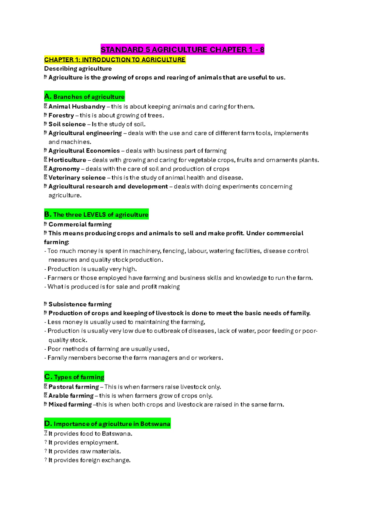 STD 5 Agriculture Revision Notes: Chapters 1-8 Overview - Studocu