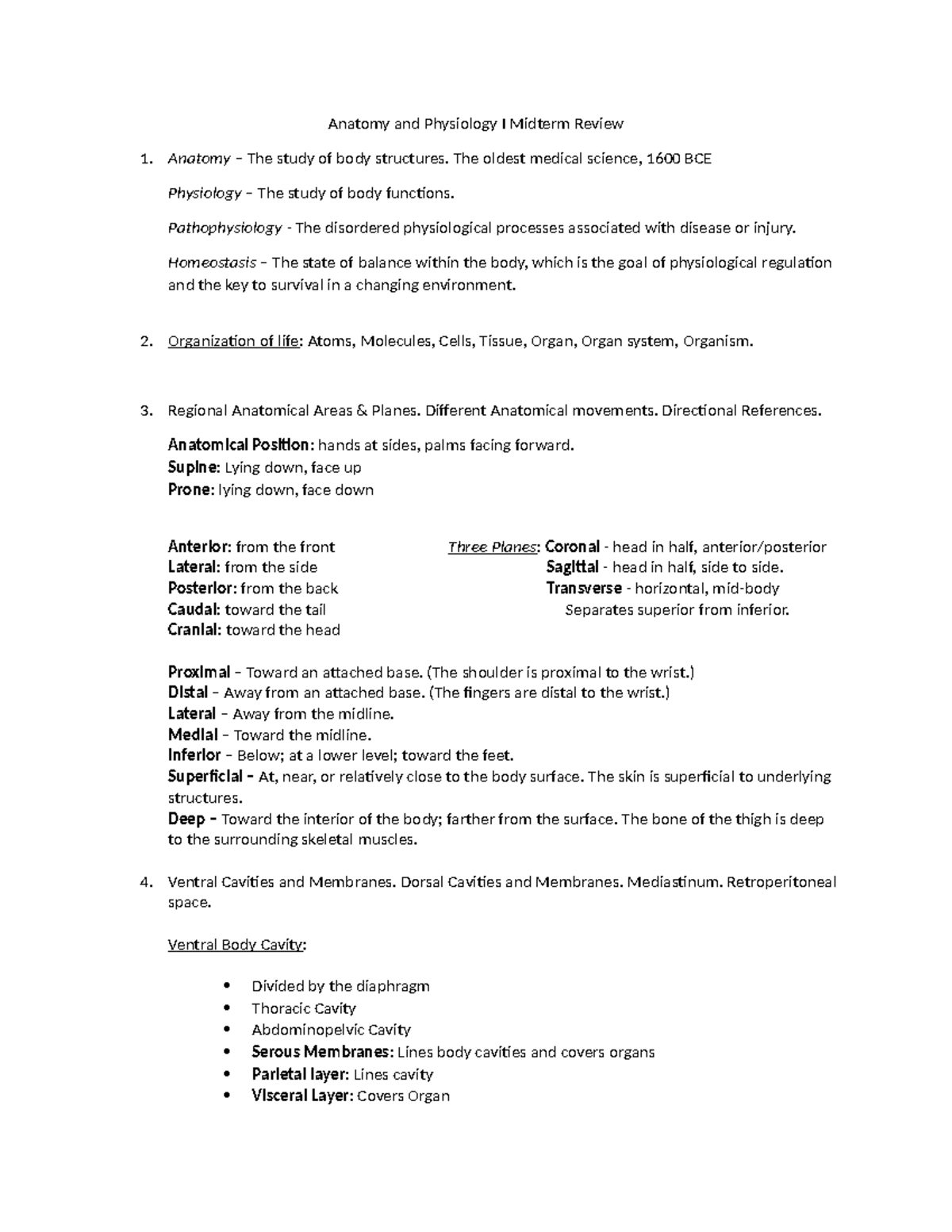 Anatomy and Physiology I Midterm Review Guide - Studocu
