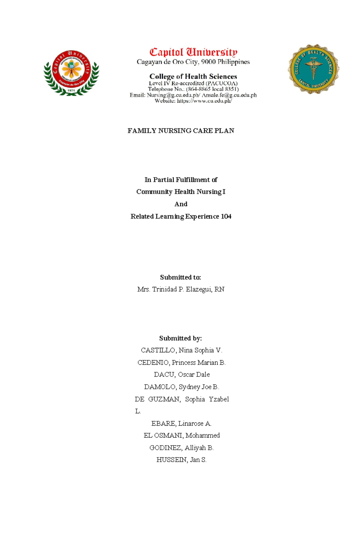 Family Nursing Care Plan for Community Health Nursing I (RLE 104) - Studocu