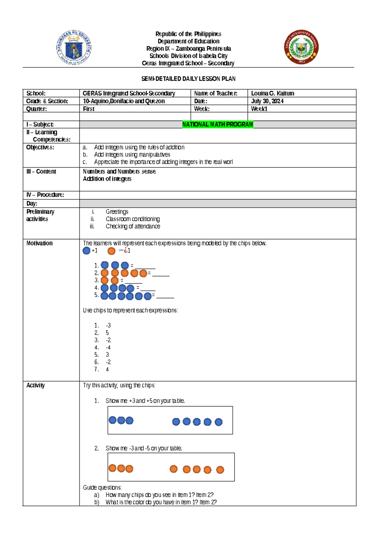 NMP 1: Semi-Detailed Lesson Plan on Addition of Integers - Studocu
