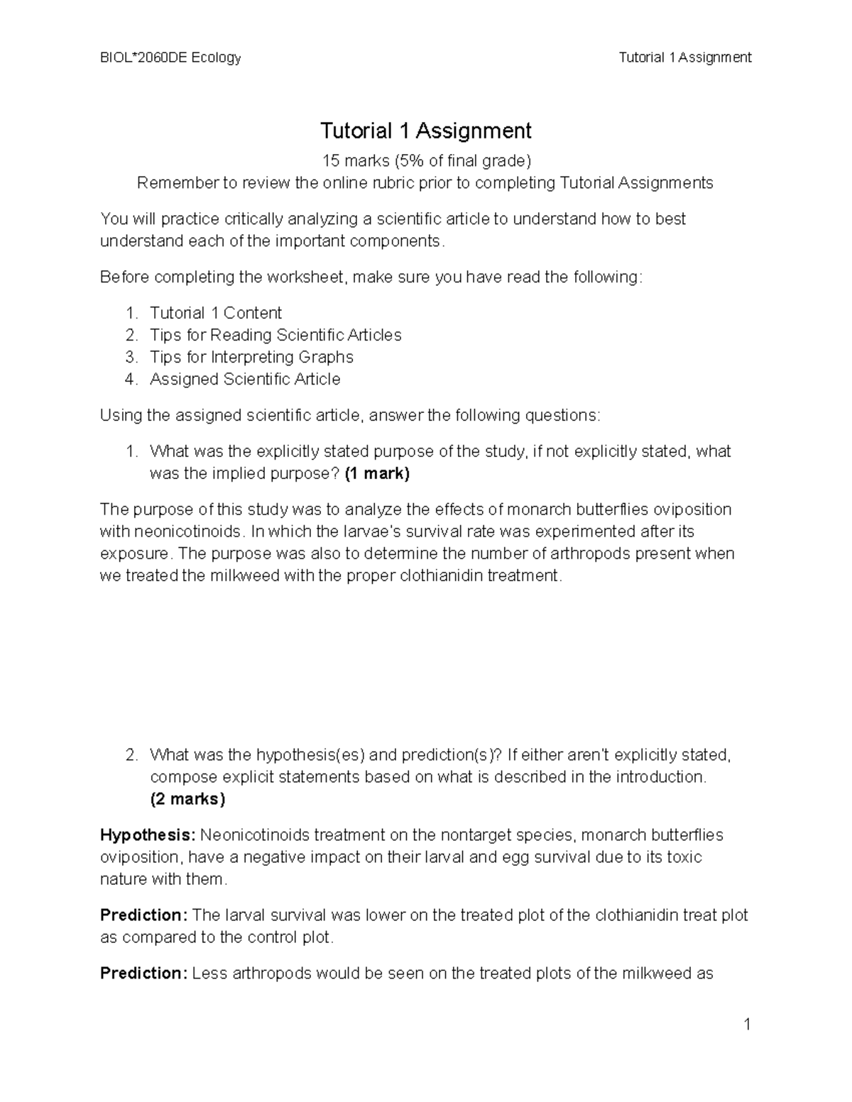 BIOL*2060DE Ecology Tutorial 1 Assignment Analysis & Review - Studocu