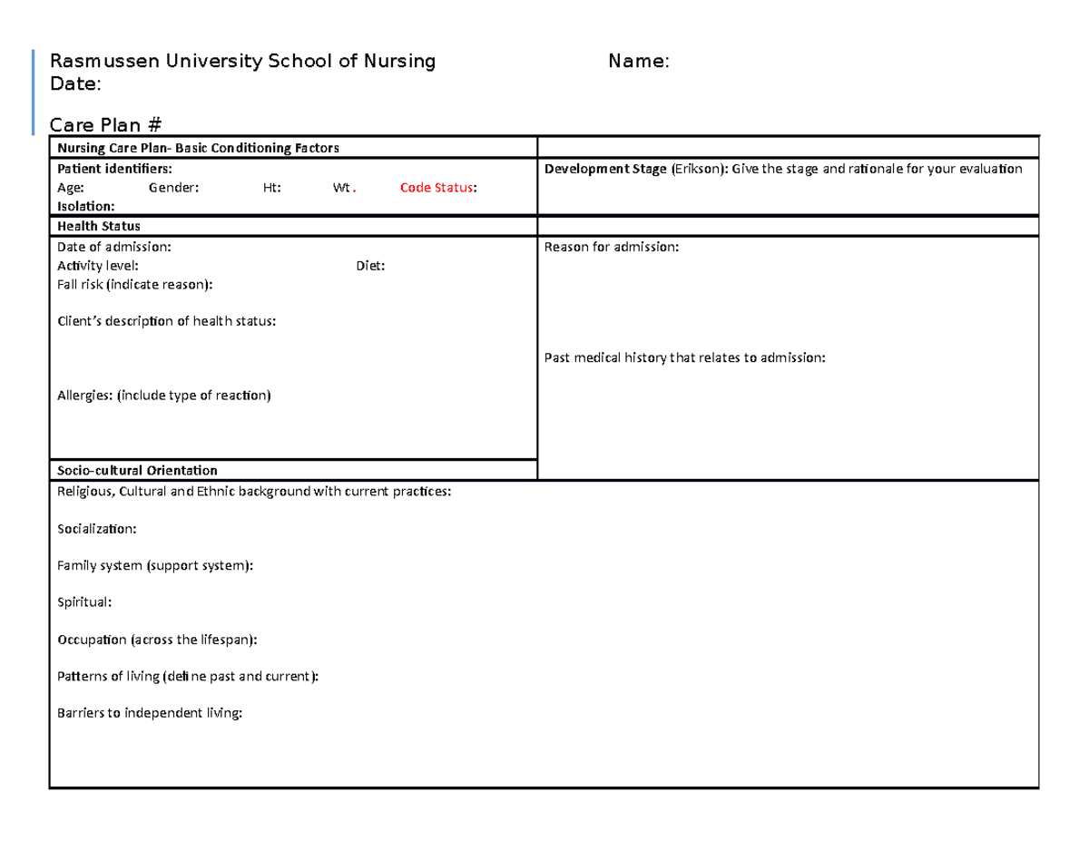 Nursing Care Plan Template - Rasmussen University NUR 101 - Studocu