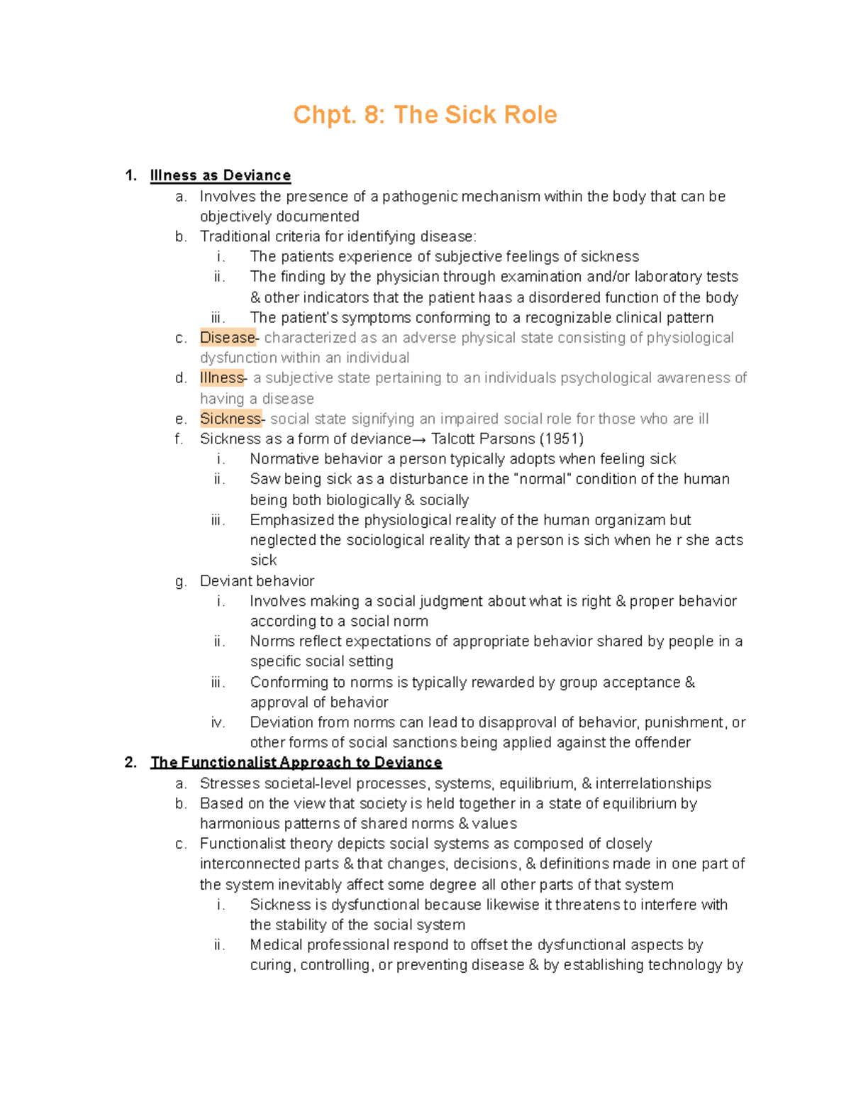 Chpt 8 Notes: Understanding the Sick Role in Medical Sociology - Studocu