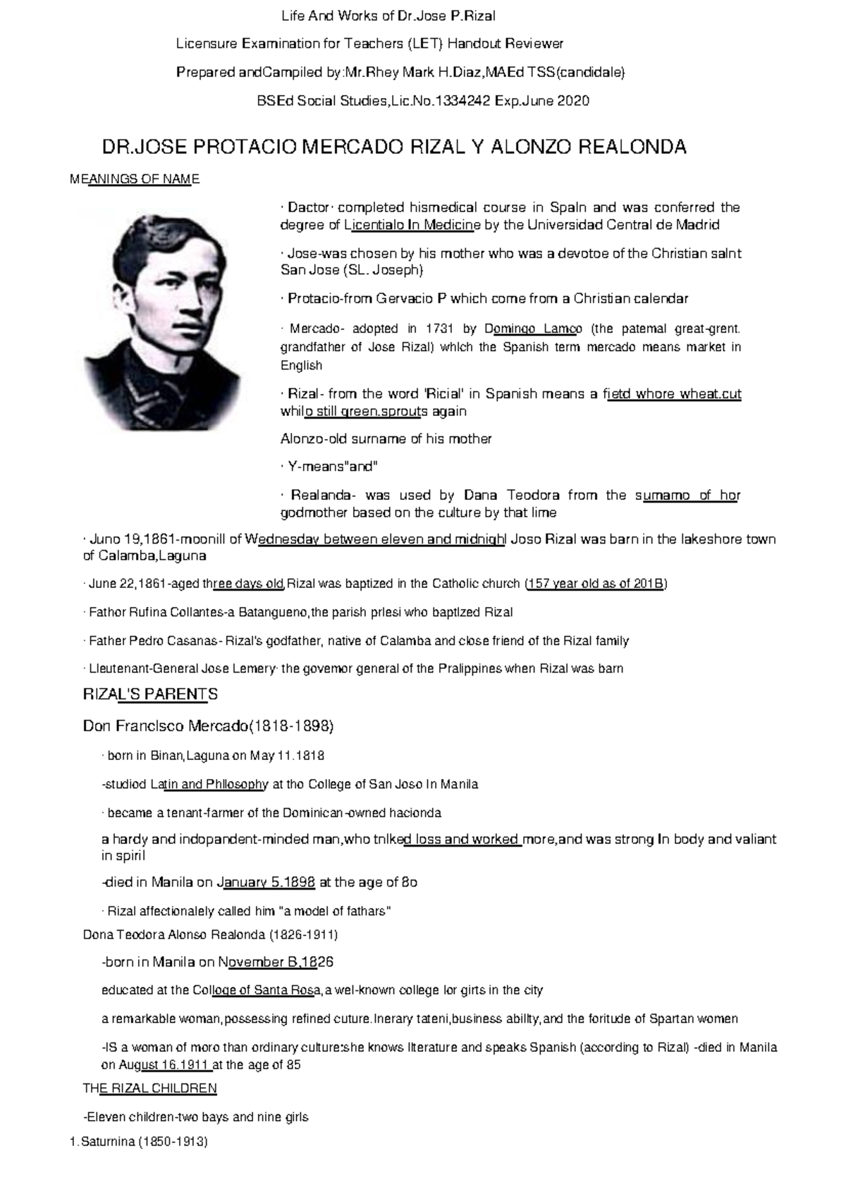 Rizal's Life and Works: Key Notes for LET Review - Studocu