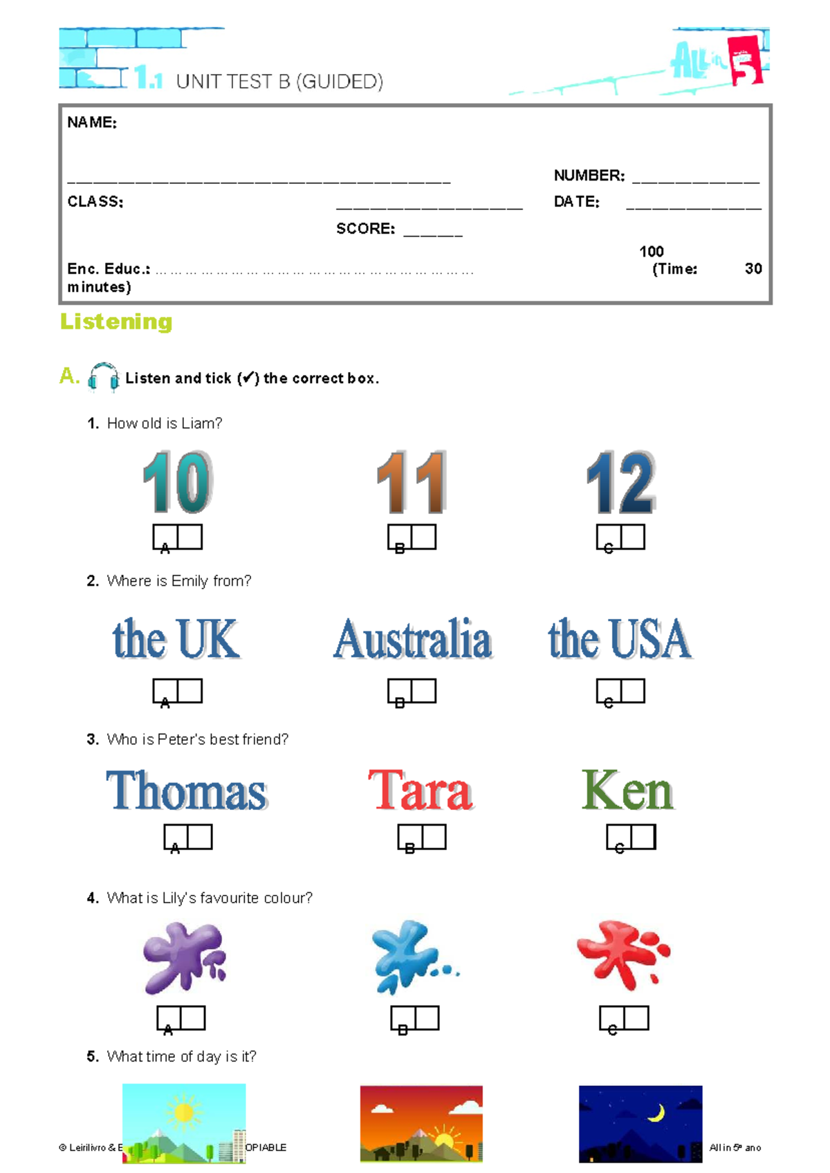 All in 5 - Unit 1 Listening & Reading Test (100 pts) - Studocu