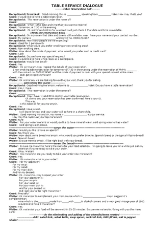 ENG 101: Room Service Dialogue Role Play Script - Studocu