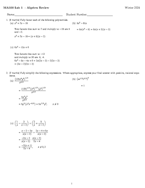 100Lab1Soln - Lab - MA100 Lab 1 - Algebra Review Fall 2023 Name ...