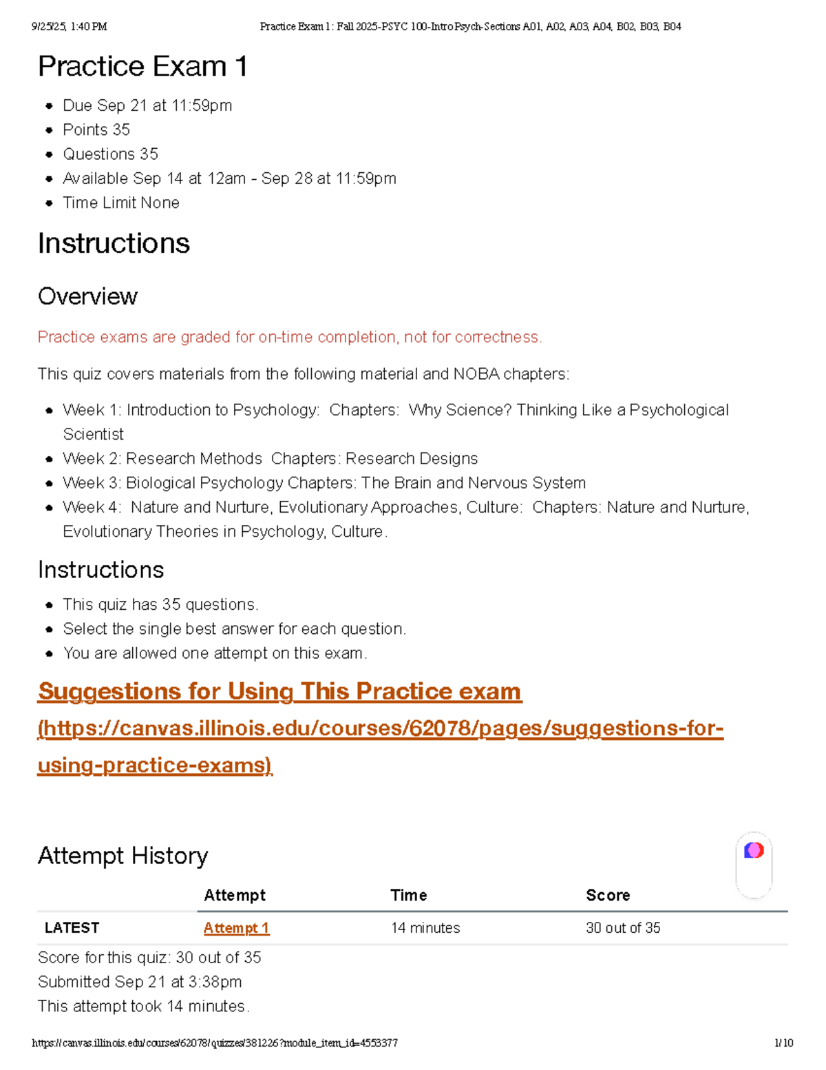 Practice Exam 1: Fall 2025 - PSYC 100 Intro to Psychology - Studocu
