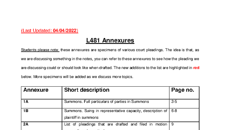 L481 Court Pleadings Annexures - Updated Examples & Templates - Studocu