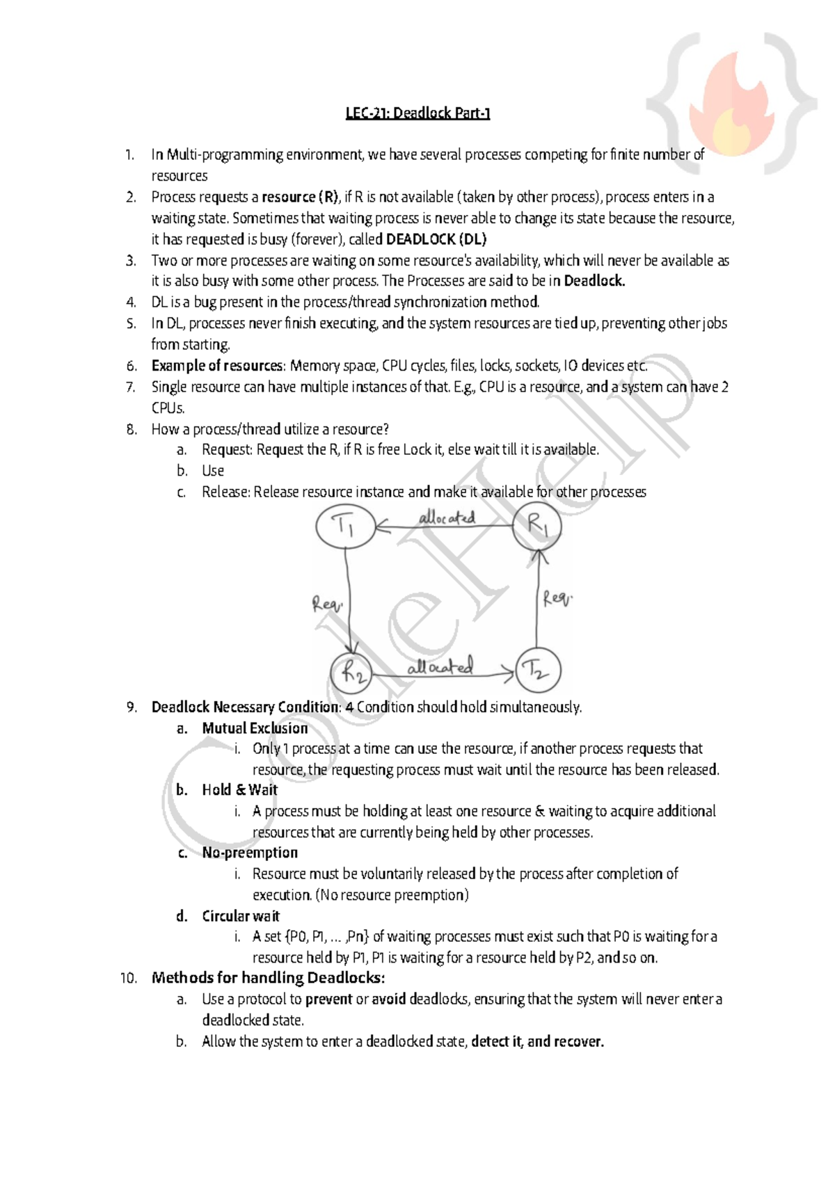 Lec-21 Notes: Understanding Deadlock in Process Management - Studocu