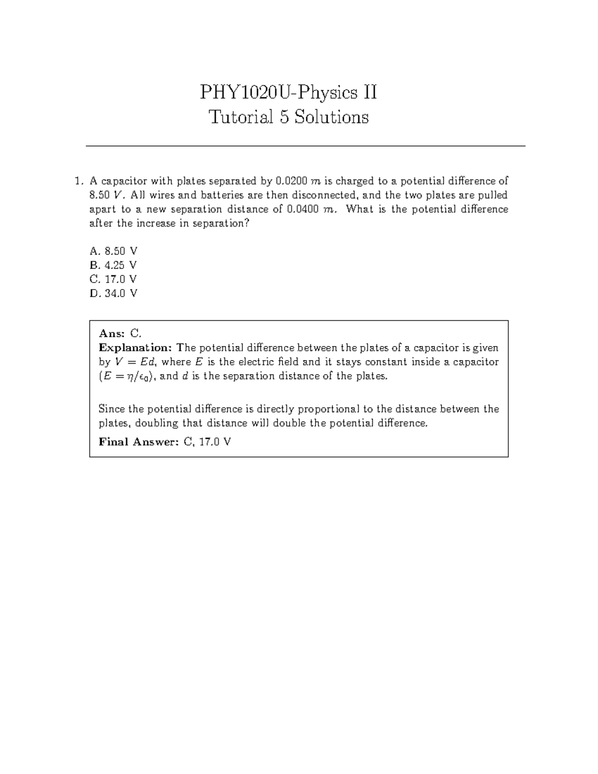 Tutorial Test 5 - Potential Energy and the Electric Potential ...
