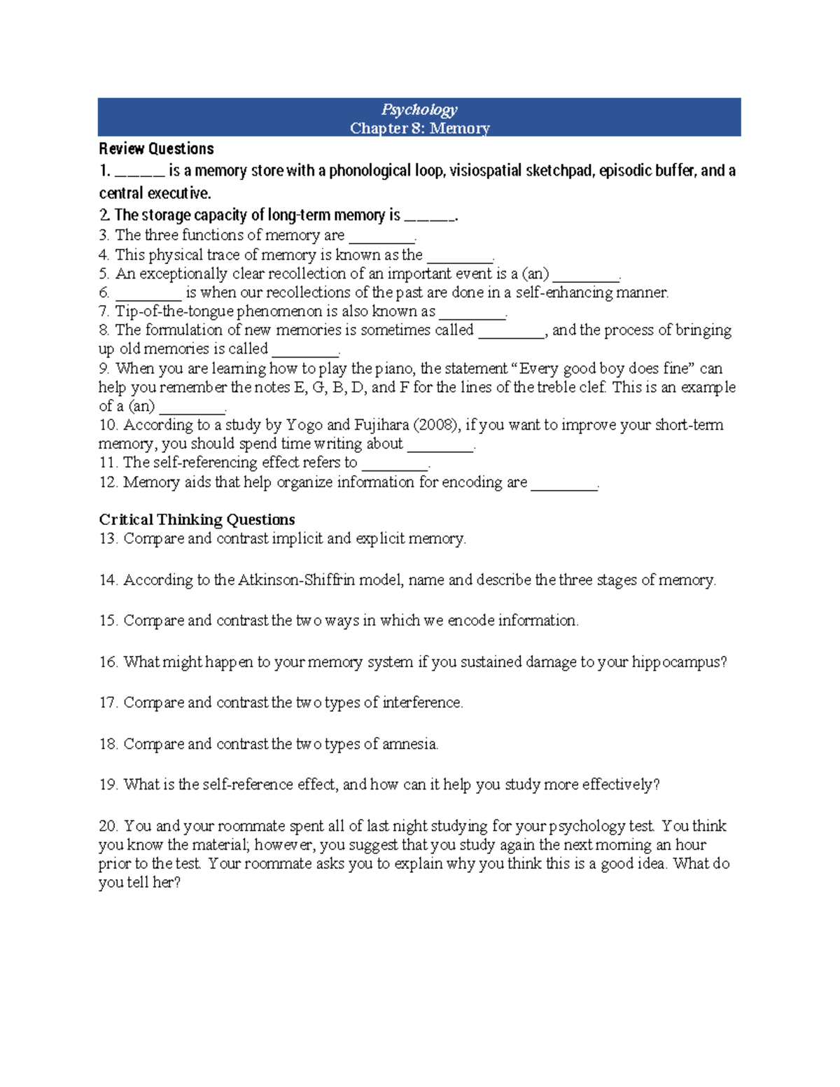 Chapter 8 - Memory: Assignments & Review Questions - Studocu