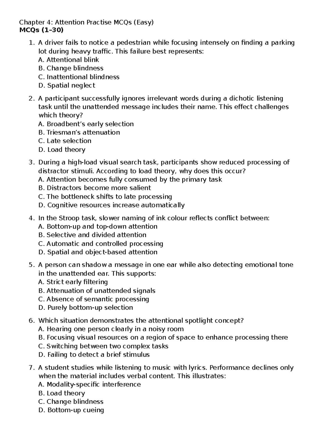 Chapter 4: Attention MCQs (Easy) - Practice Questions and Answers - Studocu