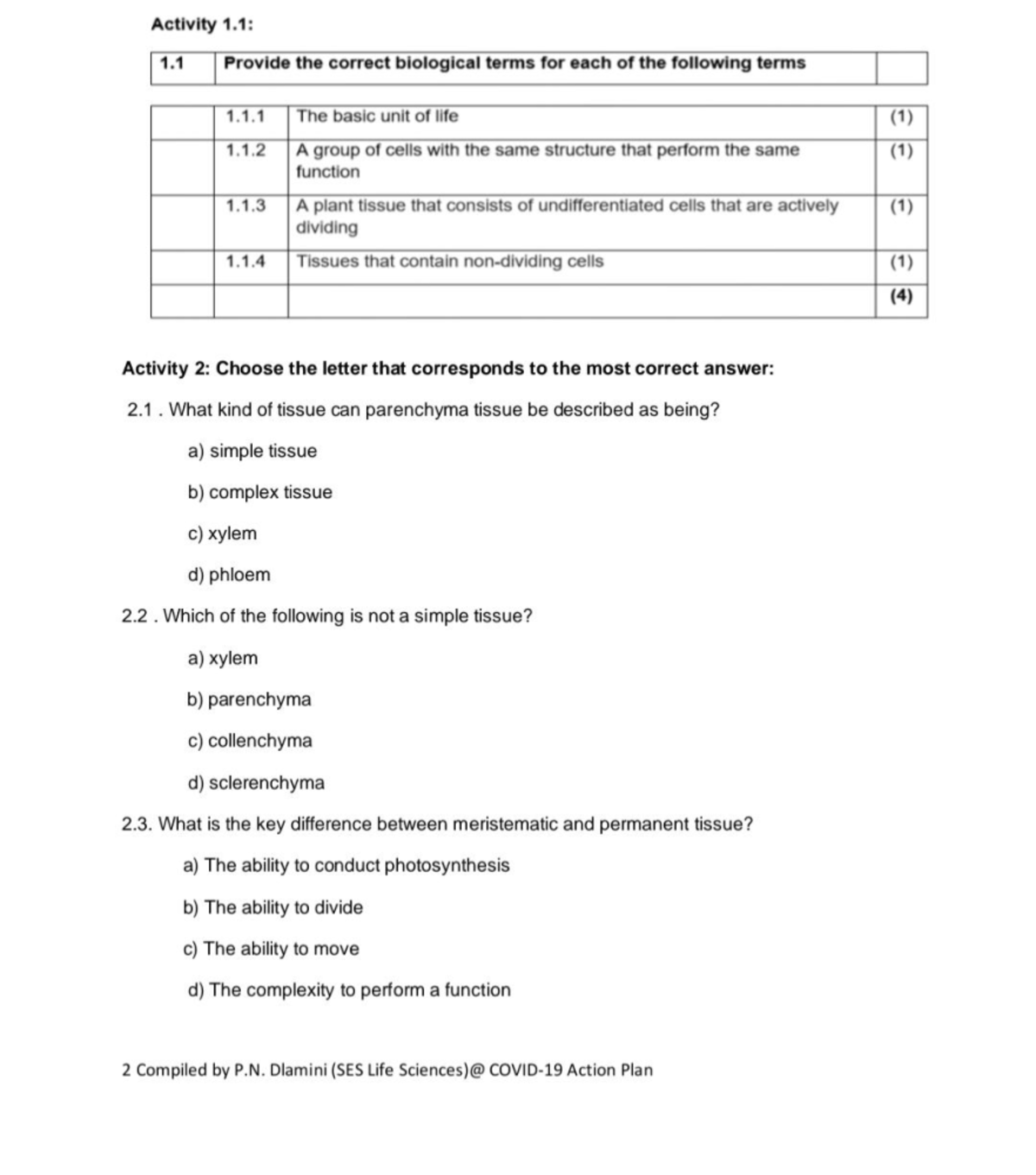 Grade 10 Life Sciences: Plant Tissues Final Practice Questions - Studocu