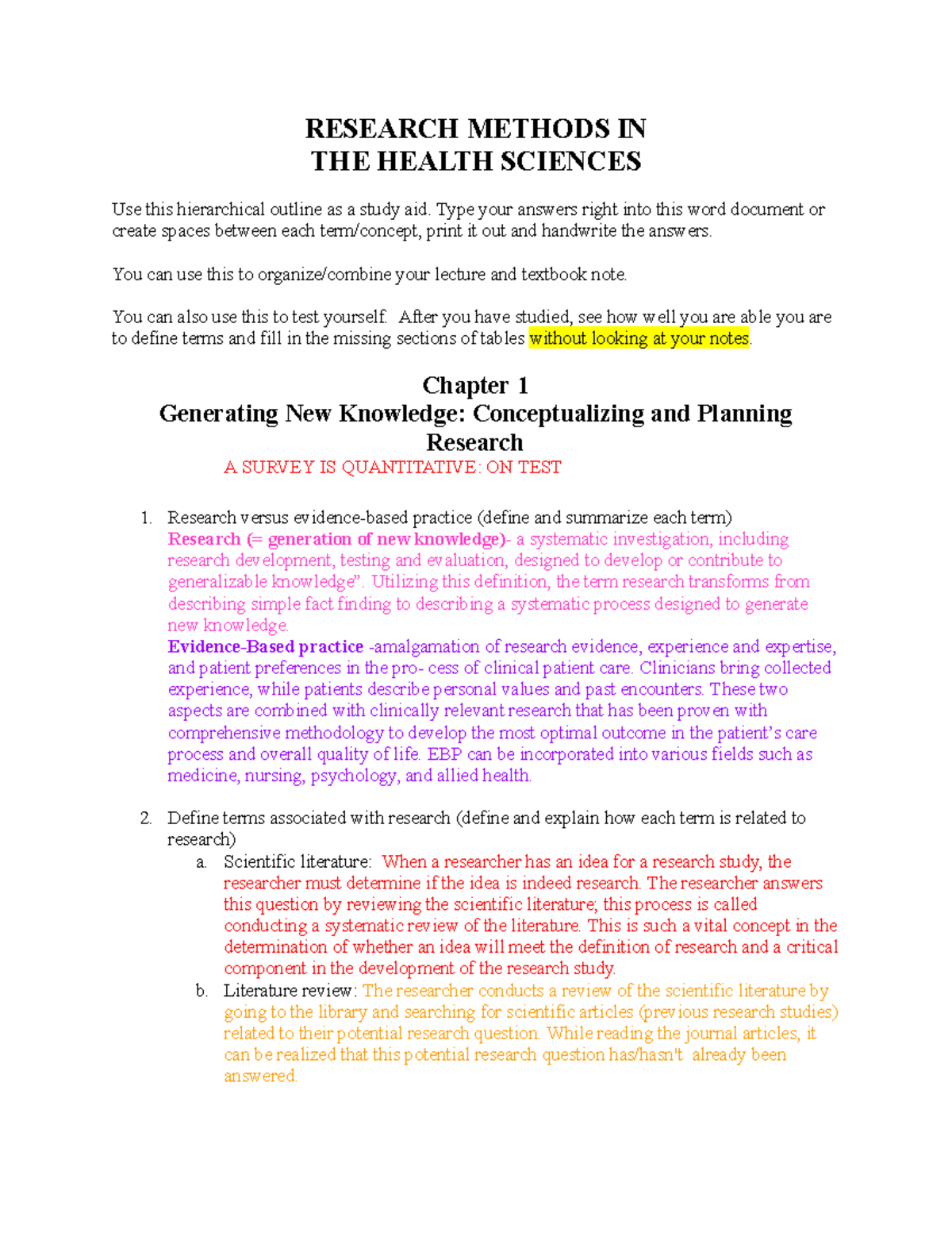 RESEARCH METHODS IN HEALTH SCIENCES: EXAM 1 CH. 1-2 STUDY GUIDE - Studocu