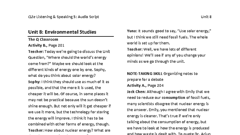 Q2e Listening Speaking 5: Unit 8 Audio Script on Energy Sources - Studocu