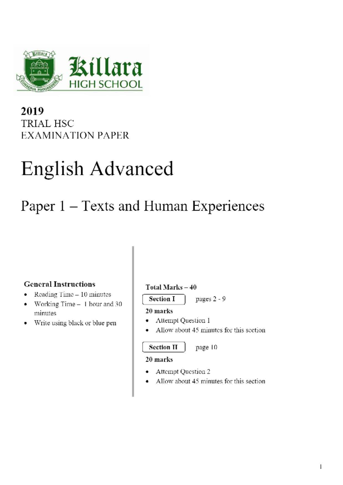 Killara HSC 2019 Trial Exam Paper 1: Texts & Human Experiences - Studocu