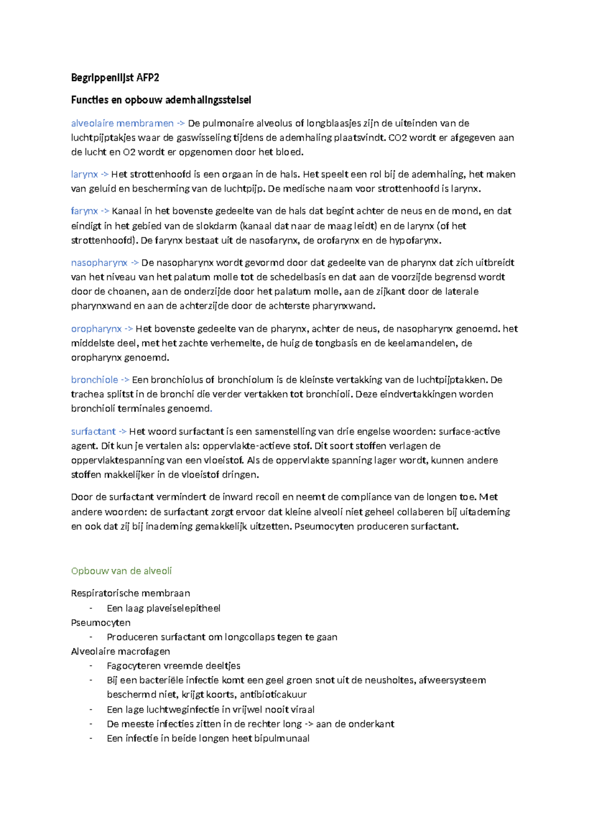 AFP2 Begrippenlijst - Ademhalingsstelsel en Endocriene Regels - Studeersnel
