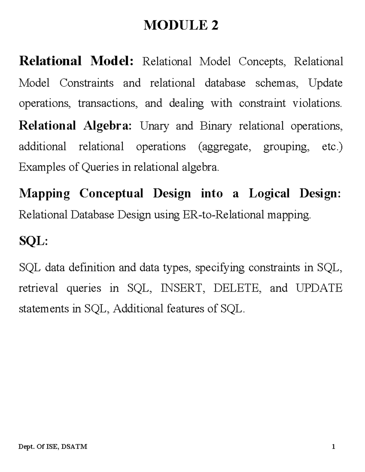 DBMS Module 2: Relational Model Concepts and SQL Operations - Studocu