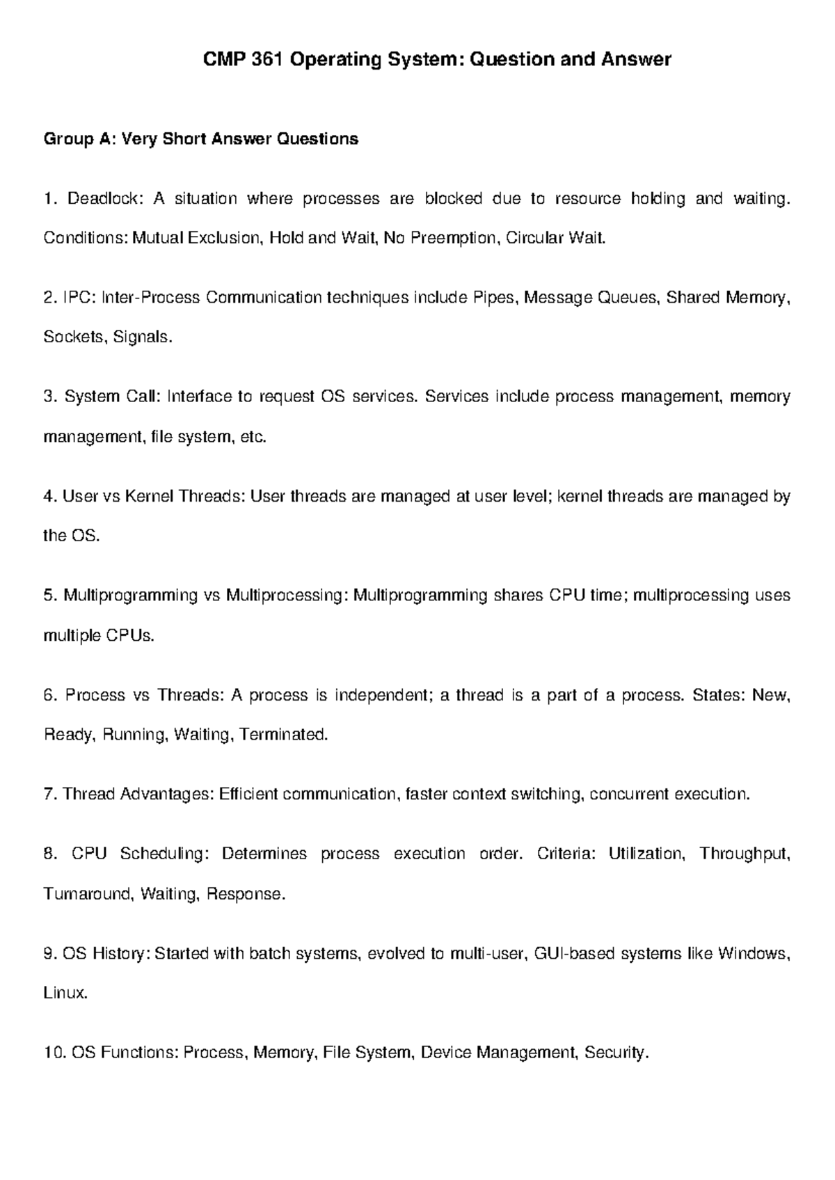 CMP 361 Operating System: Comprehensive Q&A Notes for Exam Preparation ...