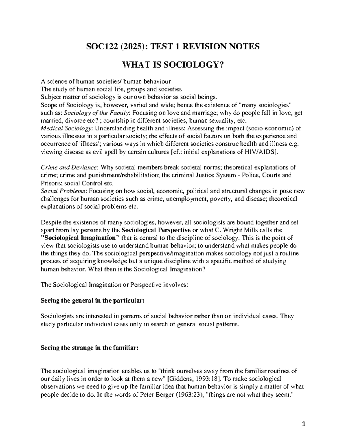 SOC122: Test 1 Revision Notes on the Fundamentals of Sociology - Studocu