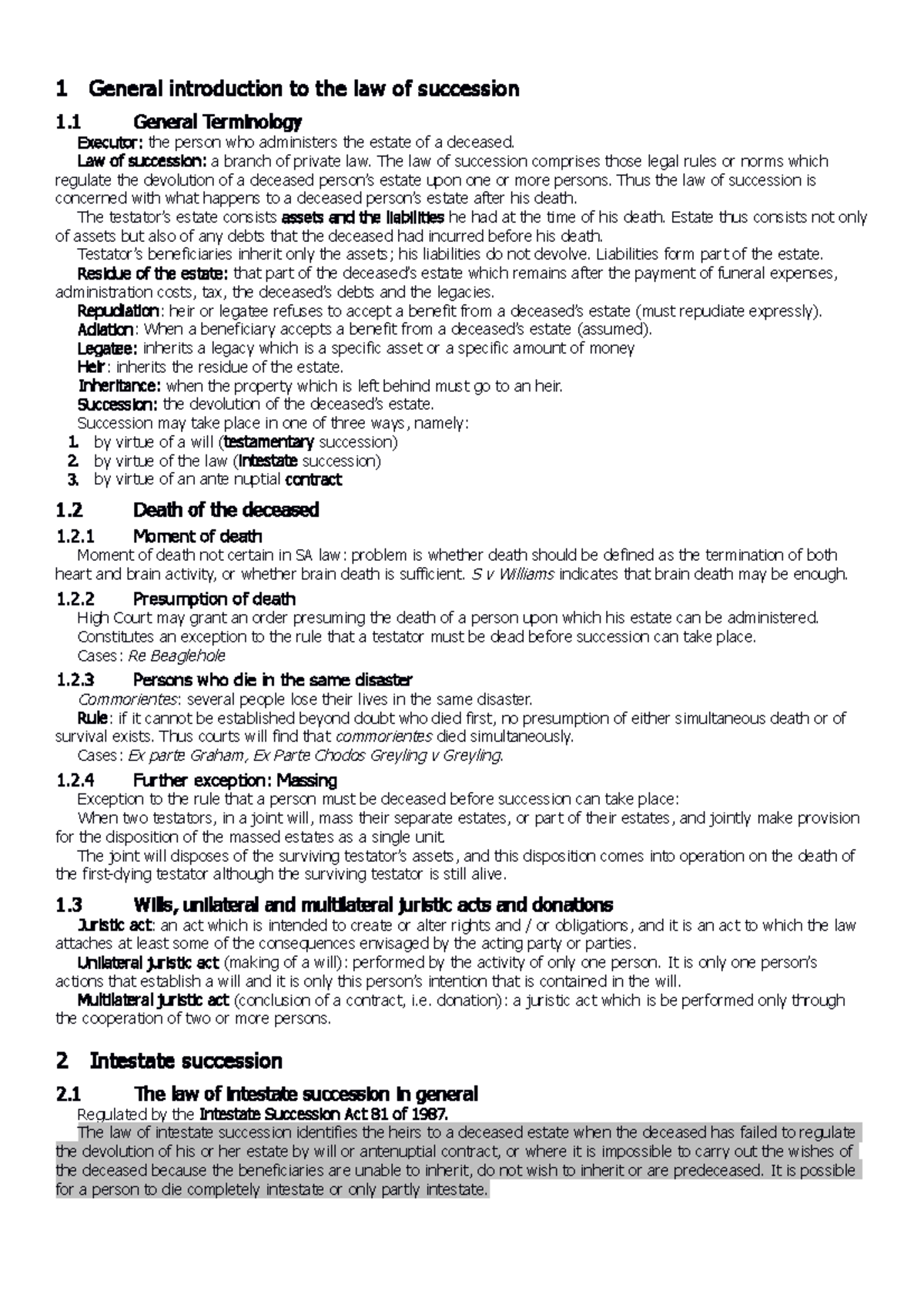 PVL2602 - Law of Succession Notes on Testate and Intestate Succession ...