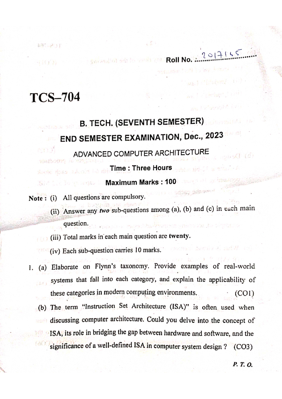 B. TECH. 7th Sem End Exam: Advanced Computer Architecture Notes - Studocu