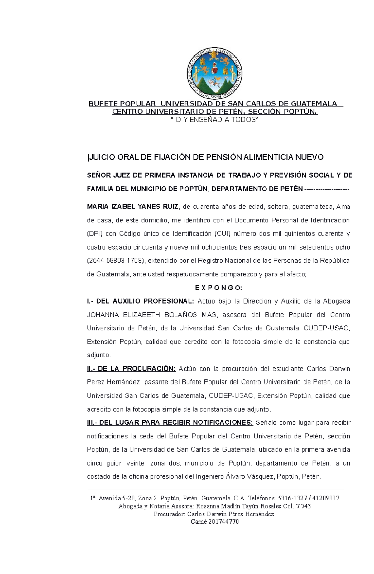 Juicio Oral de Fijación de Pensión Alimenticia - CUDEP-USAC Poptún - Document Preview