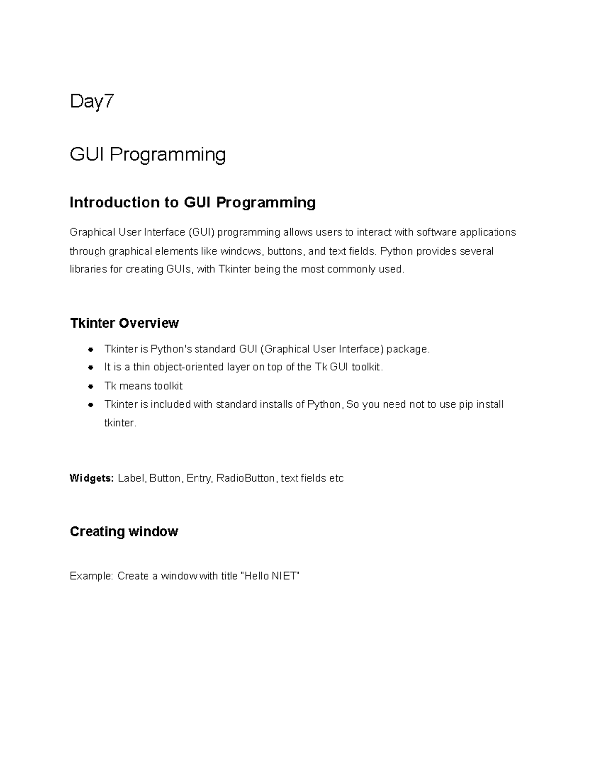Day 7 - GUI Programming Notes: Tkinter Basics and Widgets - Studocu