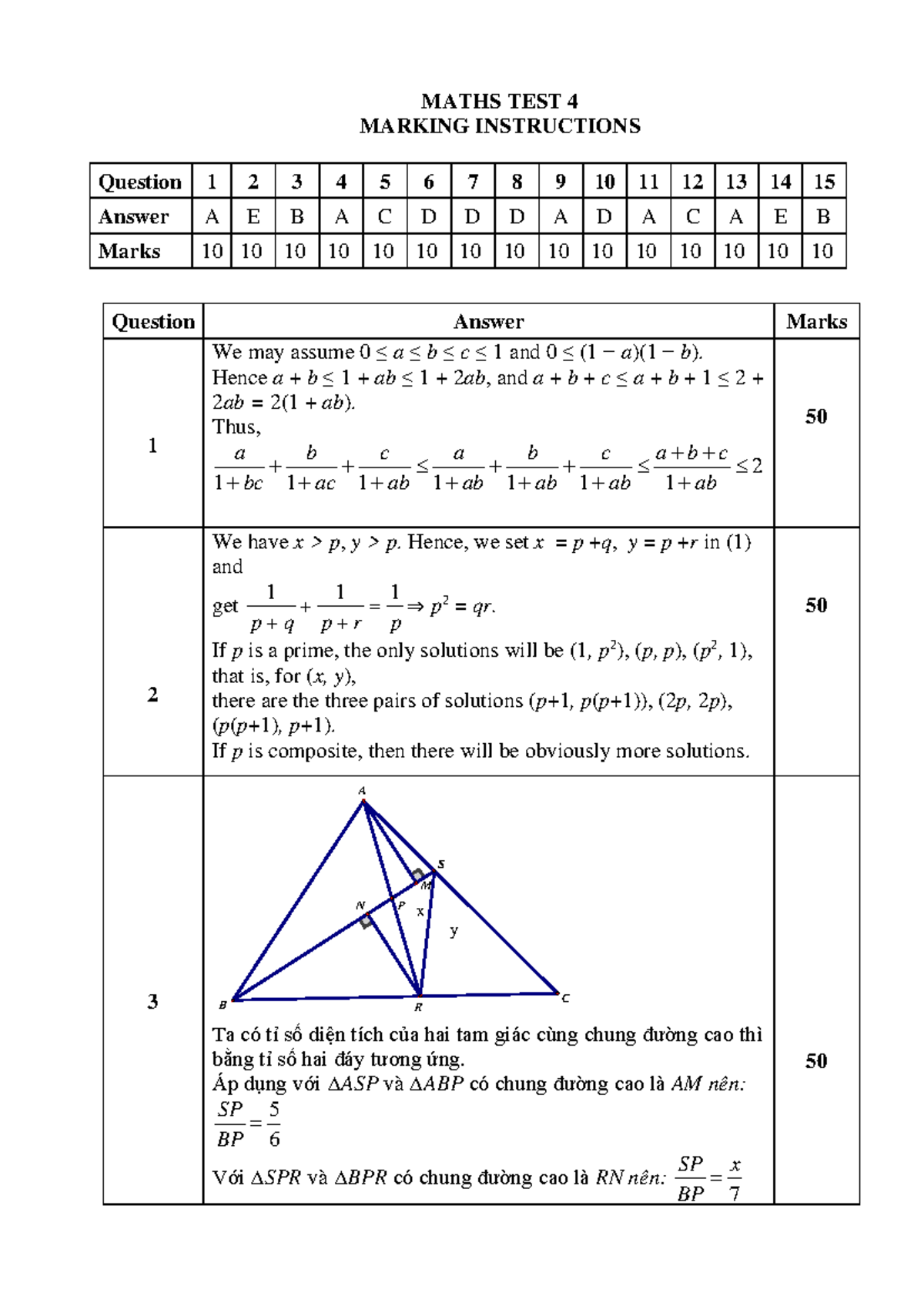 MATHS TEST 4 MARKING INSTRUCTIONS & ANSWERS - Studocu