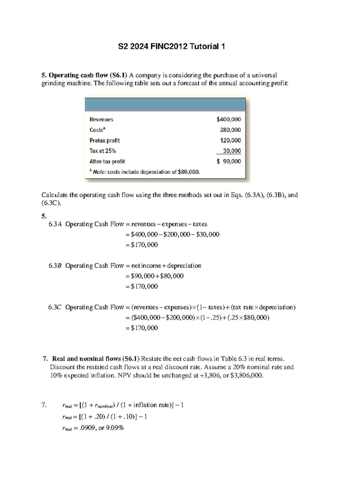 FINC2012 S2 2024 Tutorial 1 Questions & Solutions Analysis - Studocu