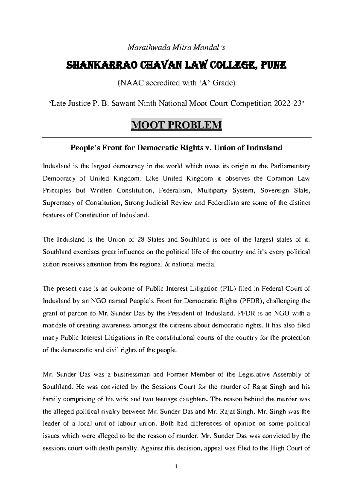 Moot Court Comp 2023: Justice P. B. Sawant Case Study on Indusland ...