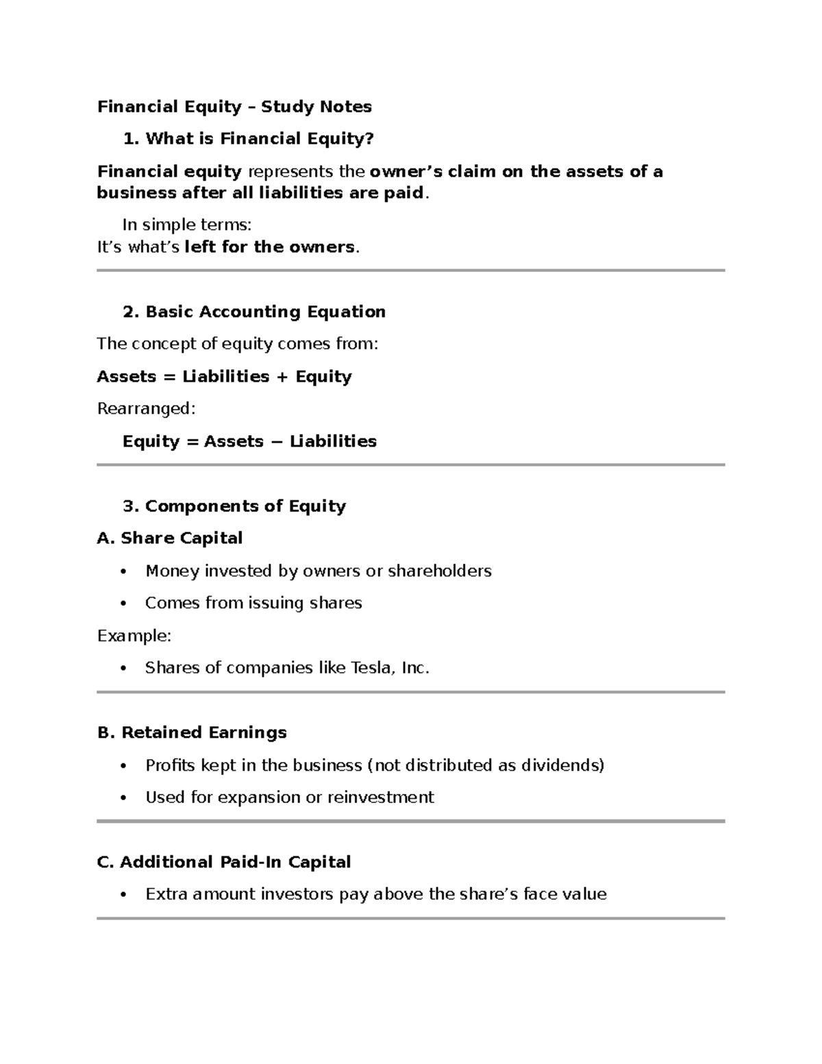 Financial Equity Study Notes: Key Concepts and Components - Studocu