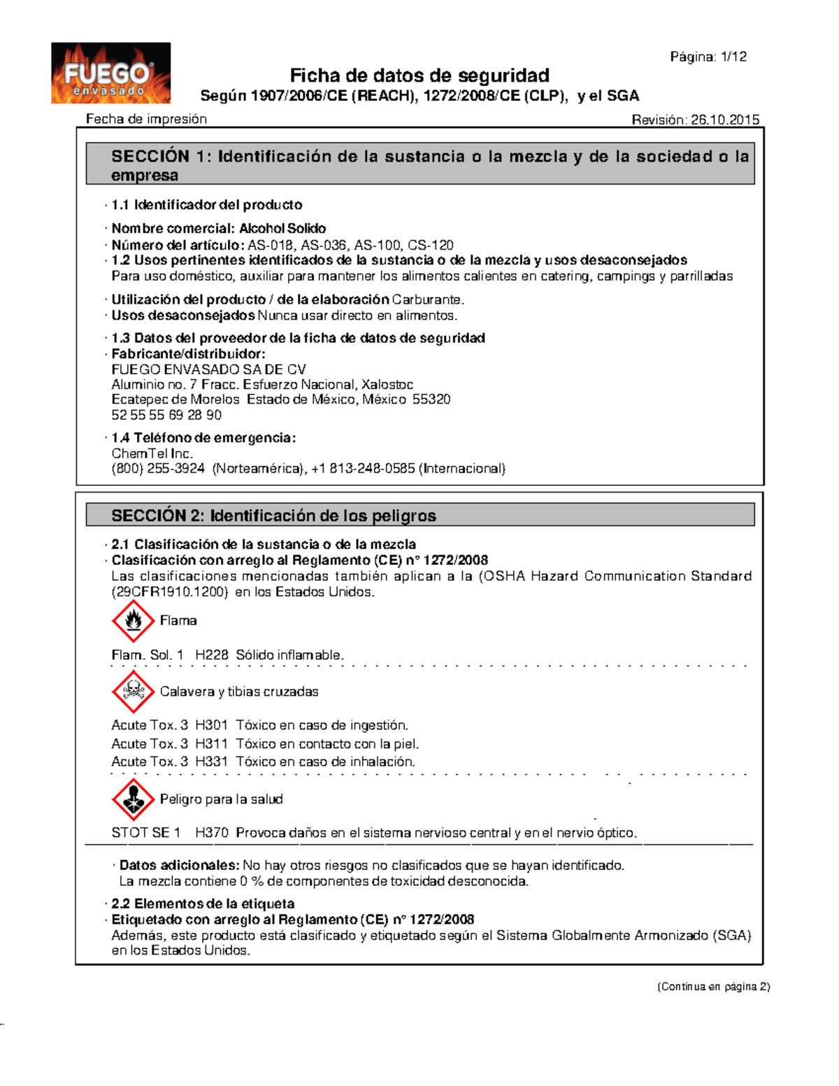 FE SDS Alcohol Sólido - Ficha de Datos de Seguridad (REACH/CLP) - Document Preview