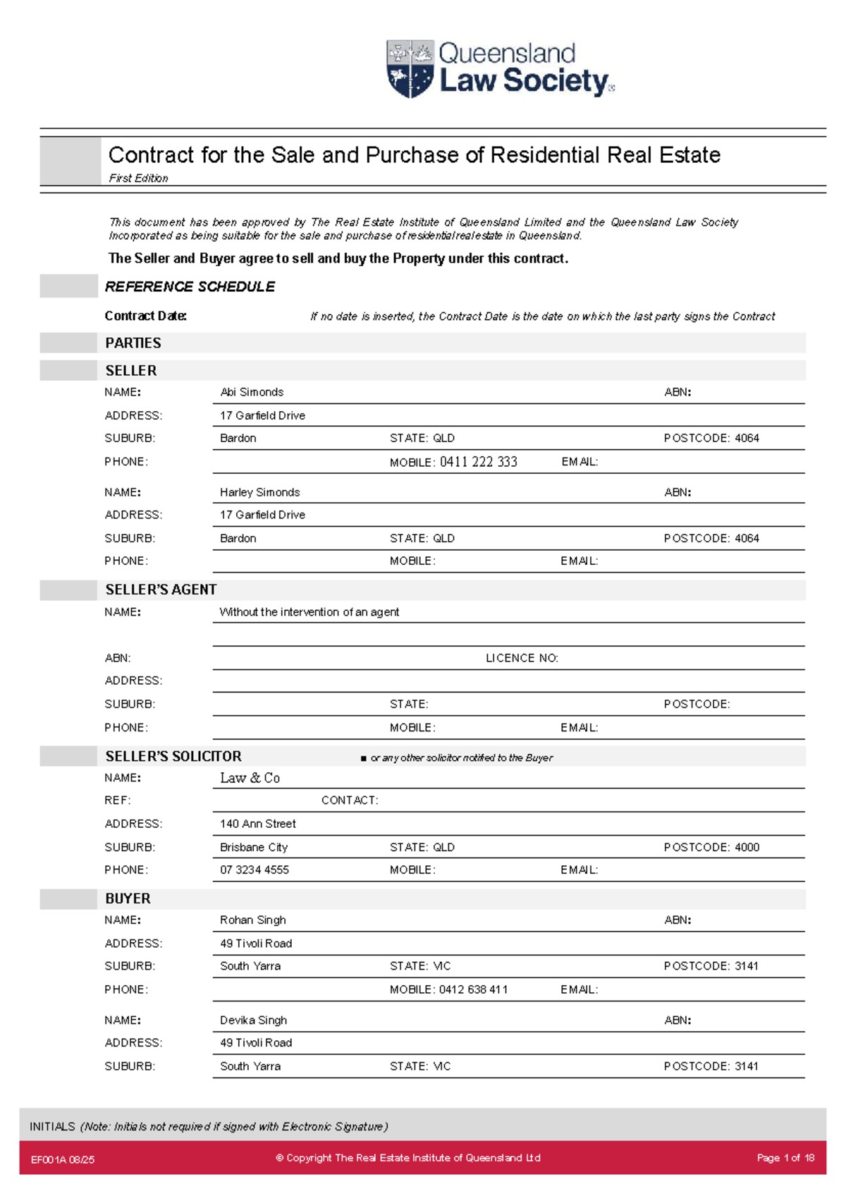 REIQ Contract for Sale & Purchase of Residential Real Estate - Studocu