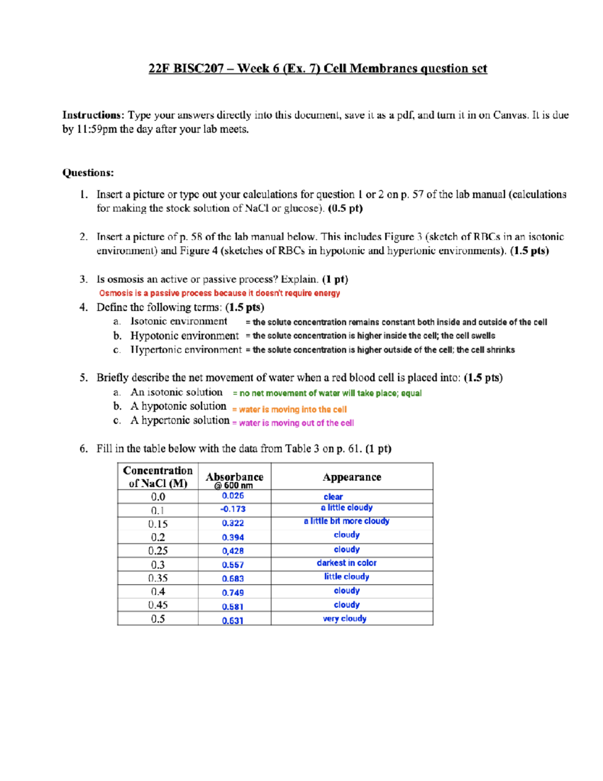 22F BISC207 Week 6 Lab: Cell Membranes Questions & Calculations - Studocu